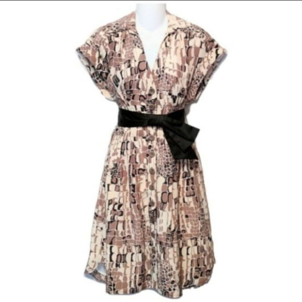 Nanette Lepore Beige, Cream and Black Patterned Silk Midi Dress with Black Sash